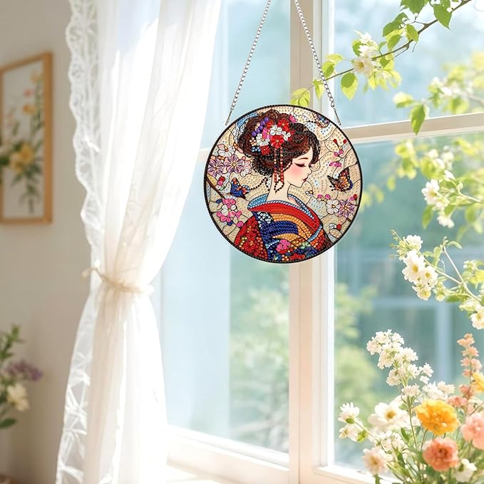 Lxmsja DIY Stained Glass Japanese Diamond Painting Hanging Ornament, Double-Sided Acrylic Geisha Kimono Diamond Art Kit, Special Shaped Suncatcher Hanging Pendant Window Art Kit