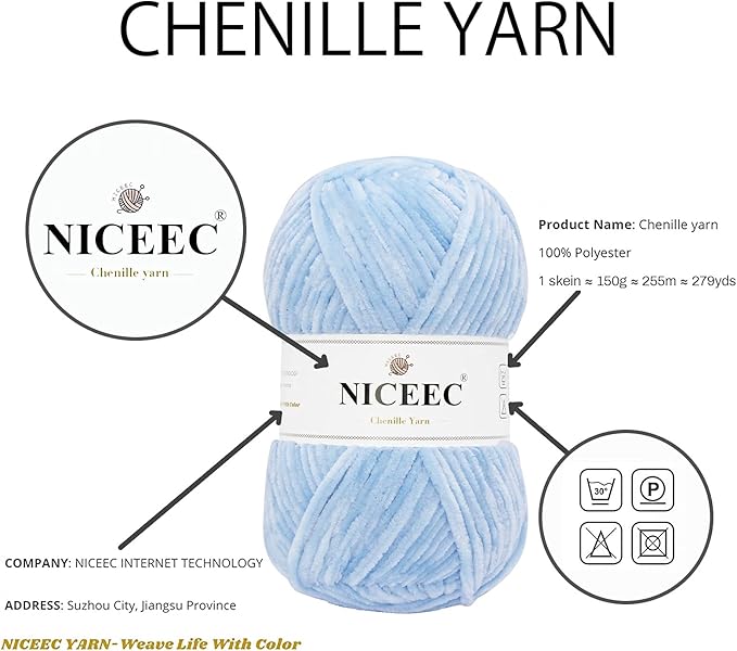 NICEEC 2 Skeins Soft Chenille Yarn Blanket Yarn for Knitting Fancy Yarn for Crochet Weaving DIY Craft Total Length 2×255m (2×279yds, 2×150g)_Light Blue