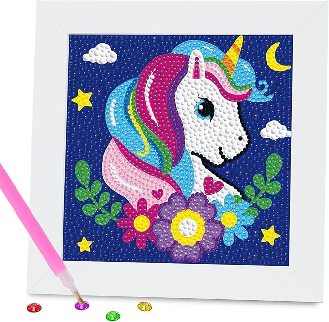 FlyingMage 5D Diamond Art Painting Kits with Wooden Frame, Cute DIY Diamond Art Mosaic Kits for Adults Women Teen, Kawaii Diamond Crafts Arts Full Drill Diamond Dots (Blue Unicorn)