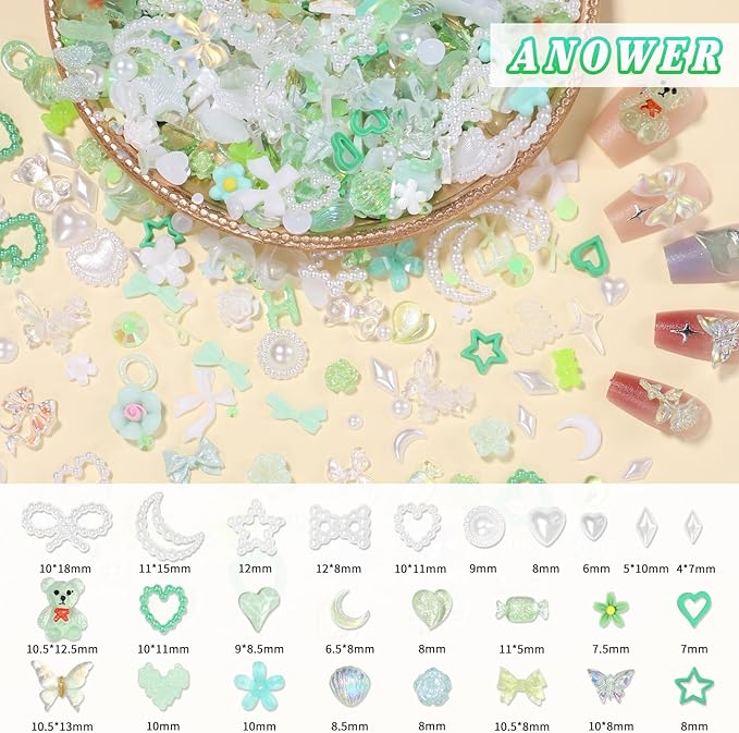 330 Pcs Green Junk Phone Case Charms 26 Pcs A-Z Rhinestone Alphabet Letter Charms, Mix Flower Bow Heart Pearls Flatback Resin Charms Letter Junk Cases Kit for DIY Crafts