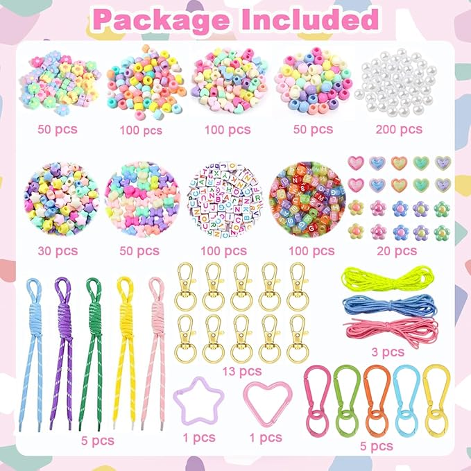 HejVulkan 828 PCS Beads Keychain Making Kit, Beaded Keychain Kit, DIY Bag Charm Kit with Alphabet Beads, Acrylic Star Heart Flower Beads, Paracord Keychain Bag Charm, Fun Creative Craft Gift