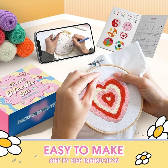 yuegool 6PCS Energy Punch Needle Coasters Kit - DIY Embroidery Set for Adult Beginners, Art Craft Supplies with Patterns, Functional Tools, Yarn, Hoop, and Coaster Holder
