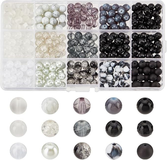 PH PandaHall 450pcs 8mm Marble Glass Beads - 15 Colors Black White Bracelet Beads Opaque Acrylic Loose Beads Spacers for Easter Ramadan Jewelry Making