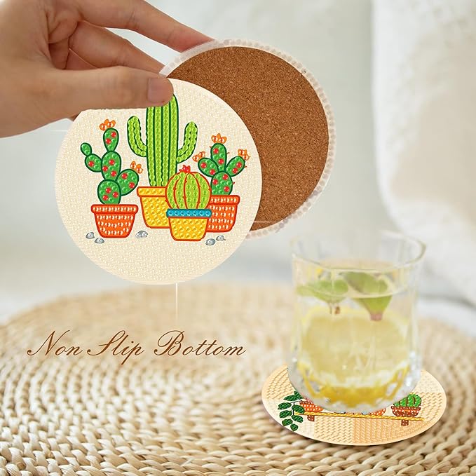 8 Pcs Diamond Art Coasters Kit with Holder, DIY Green Plants Diamond Painting Coasters for Beginners Adults, Non Slip Diamond Art Kits Craft Supplies 4x4inch