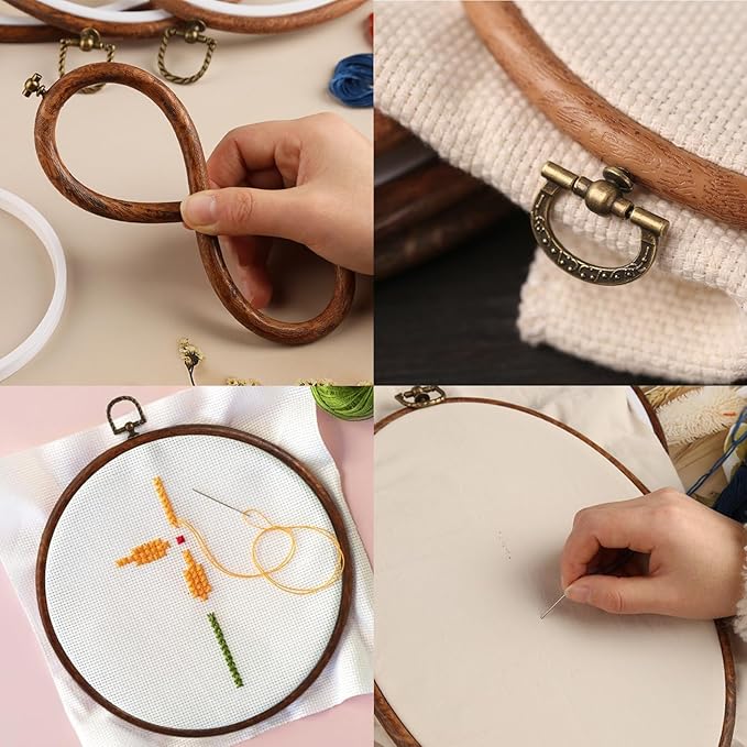 joyangy 5 pcs 5 inch embroidery hoops, round imitated wood cross stitch hoop rings for art craft sewing, circle display frame kits for embroidery handy diy ornaments decoration
