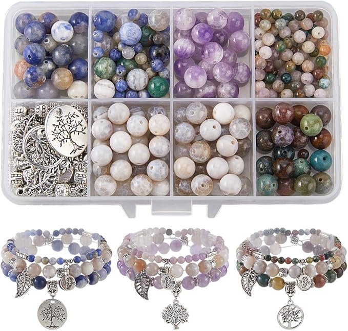SUNNYCLUE 1 Box 310Pcs DIY 3 Sets Bracelet Making Kits Tree of Life Charms,Leaf Charm Natural Gemstone Multi Layered Boho Bracelets Stone Beads for Jewelry Making Kits Crafts Gift Adults Supplies