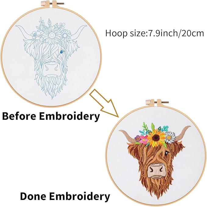 Louise Maelys Animal Embroidery Kits for Beginners with Highland Cow Pattern,Adults Starter Cross Stitch Kit DIY Needlepoint