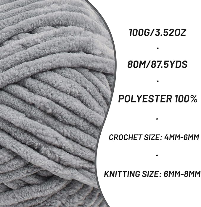 3 Pack Fluffy Chenille Yarn for Crocheting, Chunky Velvet Yarns for Crochet Amigurumi, Baby Yarn for Crocheting Soft Blanket, 262.4yds /10.5 oz Bulky Yarns for Crafts/Hats/Shoes/Socks (3 Grayish)