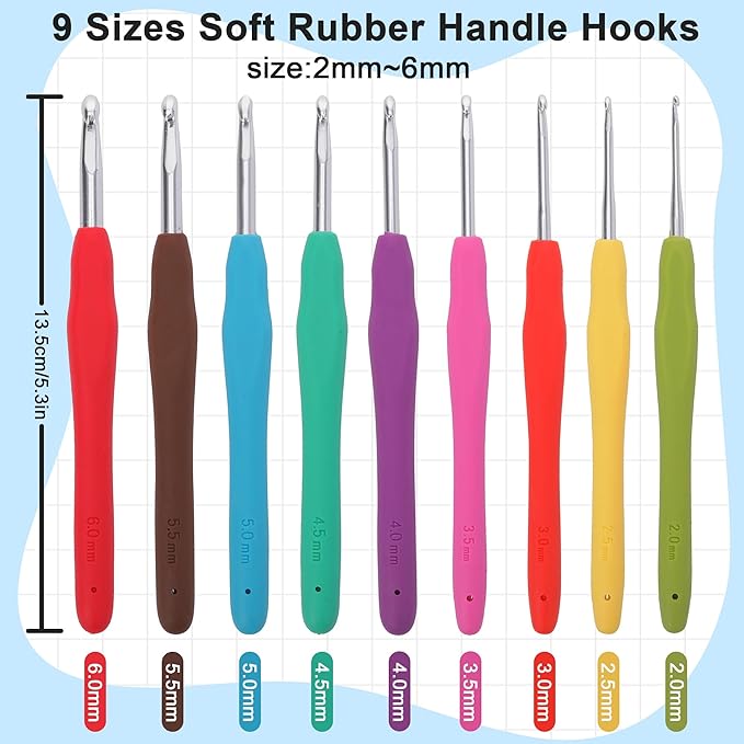 Crochetbox Crochet Hooks Set, 9 Size 2mm(B)-6mm(J) Ergonomic Handles Crochet Hooks with Case for Arthritic Hands, Kintting Needle with Crocheting Tool for Crocheters