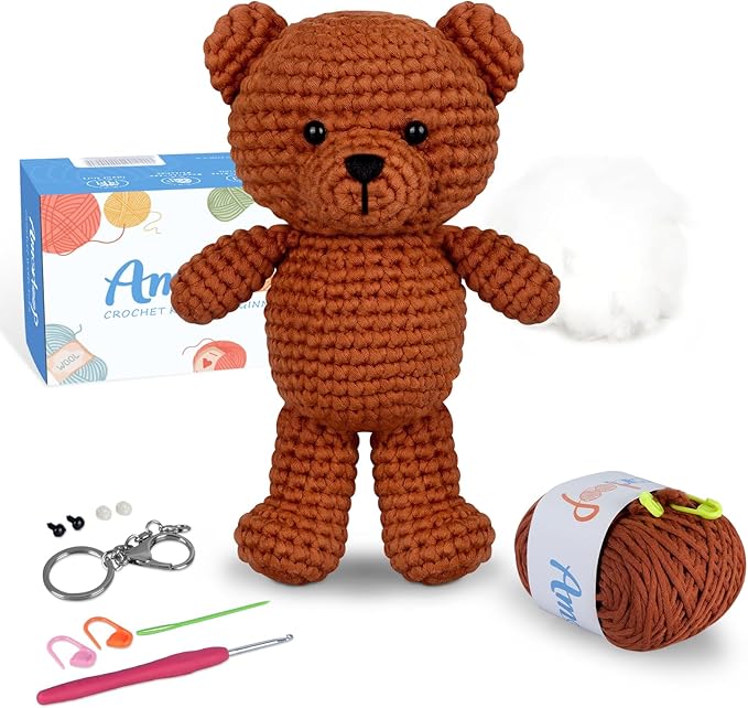 Amorloop Crochet Kit for Beginners – Easy-to-See Stitches Yarn, Pre-Started Piece, and Step-by-Step Video Tutorials | Starter Crochet Set with Cute Animal Pattern – Original Handmade Bear Pattern
