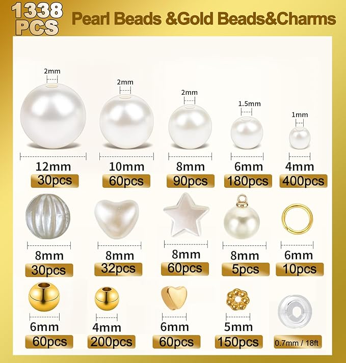 1338PCS Pearl Beads for Bracelets, 5 Size Round Pearl Beads Bulk for Jewelry Making Gold Spacer Star Heart Charms Friendship Bracelets Making Kit for Necklaces Earrings DIY Crafts