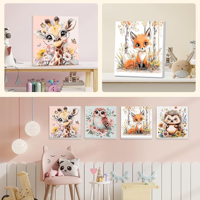 4 Pack Paint by Numbers Kit for Kids Beginner with Wooden Frame, Cute Giraffe, Owl, Fox, Hedgehog, Paint by Numbers Kit for Adults, Adorable Animal, DIY Painting Kits for Home Wall Decor 8x8 inch