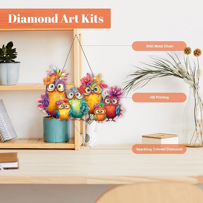 Roneenz Diamond Painting Kits Hanging Pendant, Owls Hanging Diamonds Art kit for Adults, Special Shaped DIY 5D Art Window Decor, Home Garden Room Decor Gifts for Women and Girls