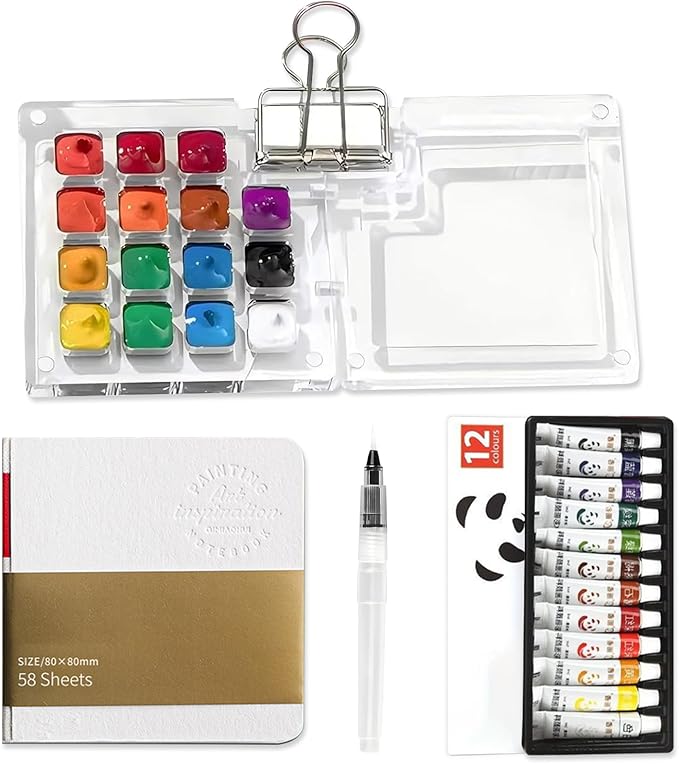 Mini Watercolor Paint Set Pocket Artist Watercolor Travel Set with Mini Paint Palette,Brushes, 12 Colors, Watercolor Sketchbook for Artists Painters Students(Plastics)