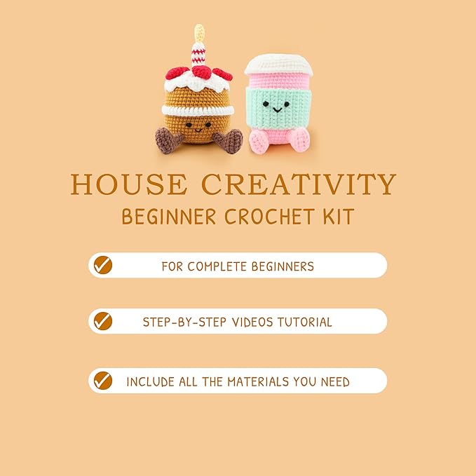HOUSE CREATIVITY Crochet Kit for Beginners – Create a Cute Cake & Coffee Scene, Amigurumi Crochet Starter Kit with Video Tutorial, Yarn & Hook, DIY Dessert Desk Decor for Coffee Lovers