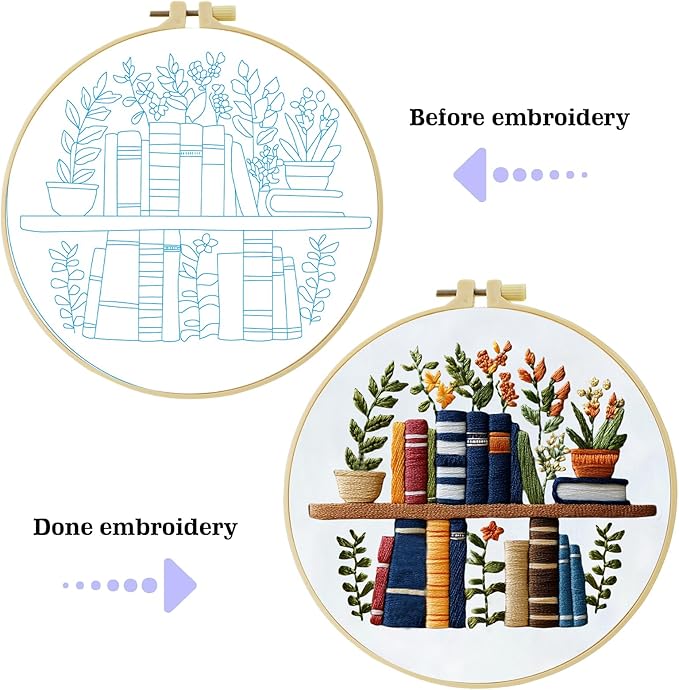 JOZYSH Beginners Stamped Books and Flowers Pattern Embroidery Kit Cross Stitch Kit Embroidery Starter Kit with Instructions, Embroidery Hoops for Home Ofiice Decor