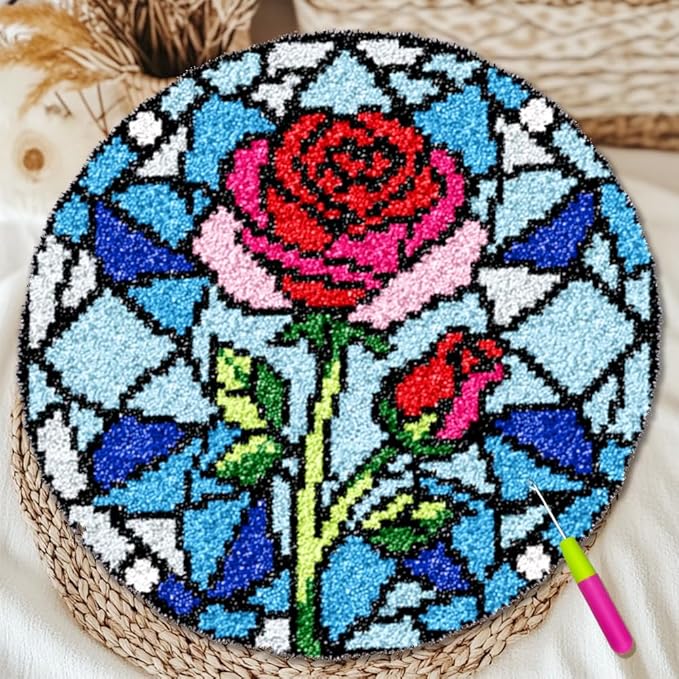 ORIGACH Stained Glass Rose Latch Hook Rug Kit for Adults Printed Rug Making Kit Handmade Carpet Tapestry Cover with Hook Latch and Preprinted Canvas, Home Arts Crafts Sofa Decor, 19.6x19.6inch