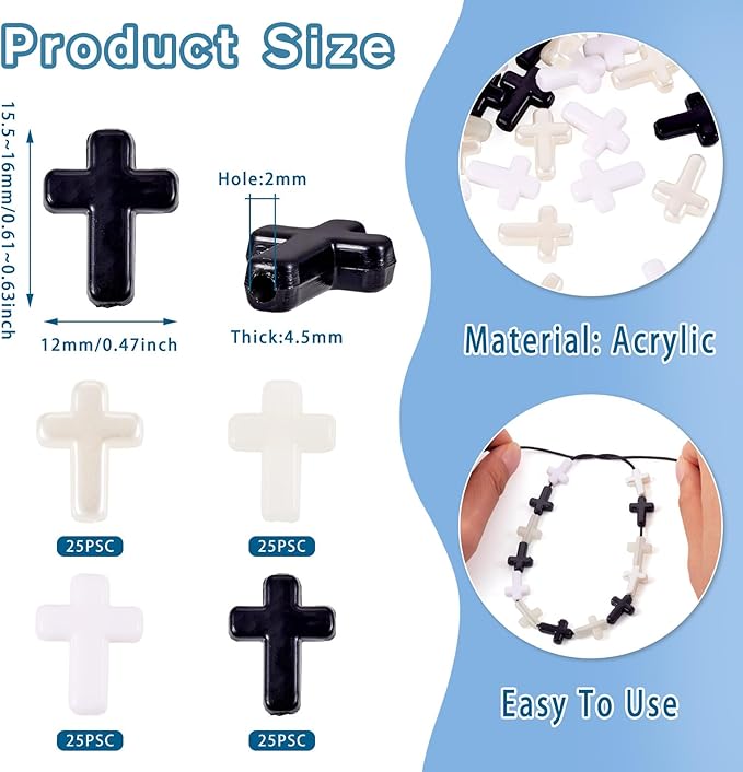 FASHEWELRY 100Pcs Black White Acrylic Cross Beads - Cute Mini Crucifix Loose Rosary Spacer for Easter, DIY Bracelet, Necklace, Jewelry Making, Earring