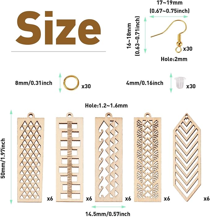 Elecrelive 30pcs Rectangle Wooden Earring Charms Unfinished Wood Filigree Charms & Earring Hooks Jump Rings Ear Nuts for DIY Earring Necklace Jewelry Making