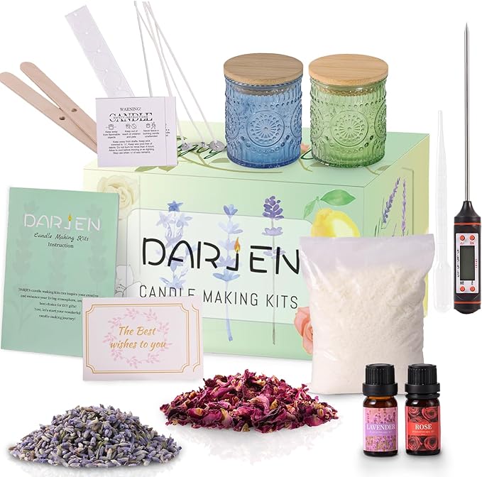 DARJEN Candle Making Kits for Adults- Soy Candle Making Supplies with 2 Candle Jars(Blue, Green), Wax, Scents, Card & More, DIY Starter Candle Making Kit, Full Set DIY Arts & Crafts Gift