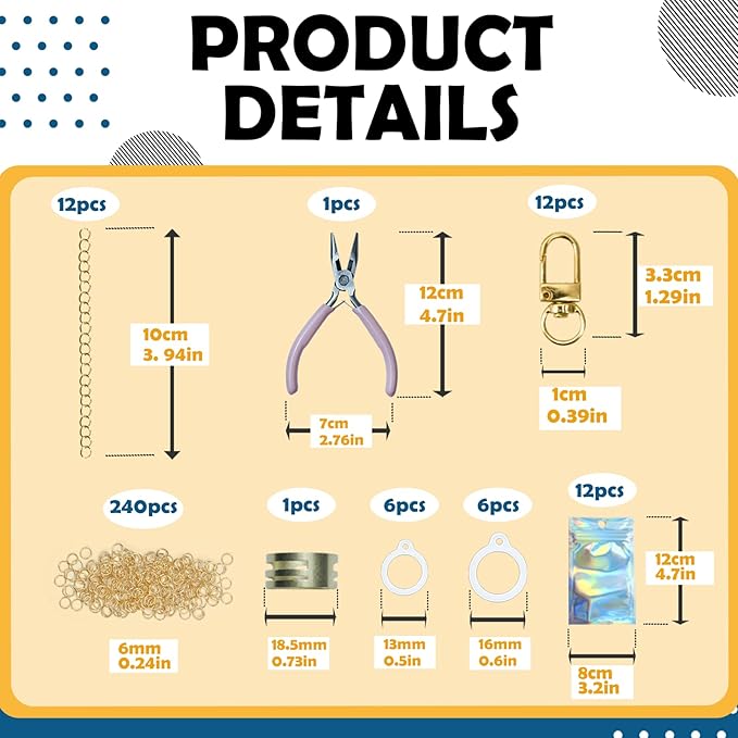 LEIOSAGN 531pcs Lip Gloss Keychain Jewelry Making Kit with 12 Keychain Clips, 12 Extender Chains, 60 Charms, 180 Mixed Acrylic Beads, 12 Silicone Rings, Jump Rings, Wire, Plier, Resealable Pouch Bags
