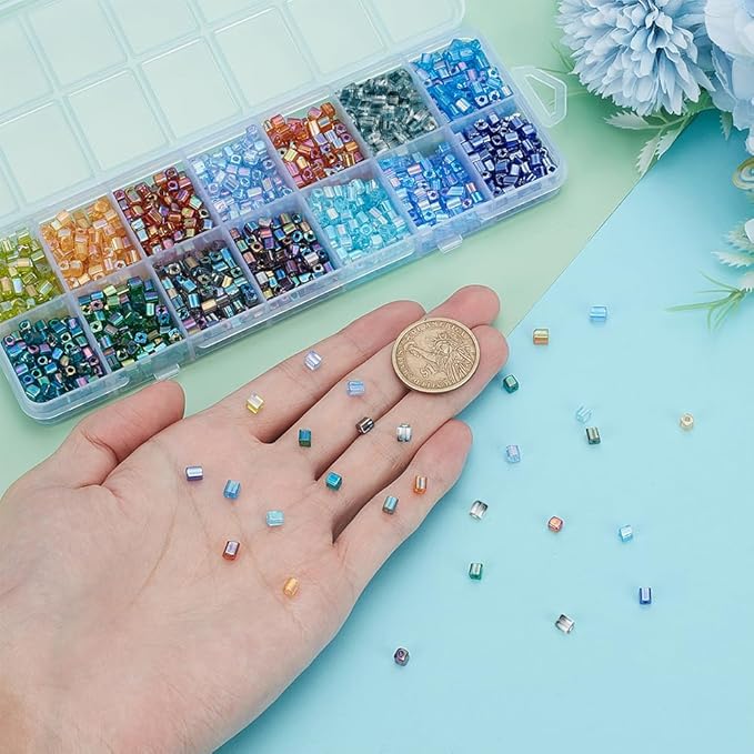 PH PandaHall 1400pcs 3mm Cube Glass Seed Beads Kit 14 Colors Transparent Colours Rainbow Crystal Square Beads Small Bead Cube Mini Bracelet Bead for Bracelets Earring Making Supplies