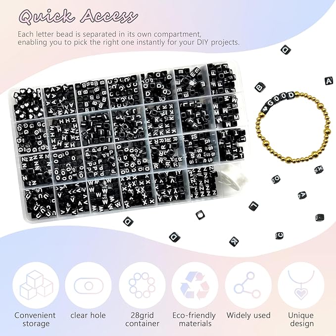 Amaney 810pcs Black Letter Beads 6x6mm Cube Acrylic Alphabet Beads and Cristal Line for Jewelry Making Bracelets Necklaces Key Chains