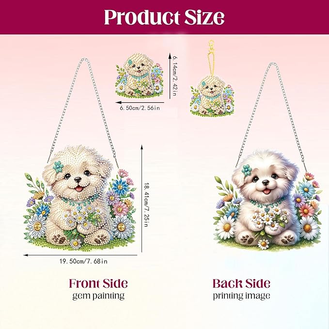 Masendp Dog and Flower Diamond Painting Double-Sided Hanging Ornament Set, DIY Irregular Shaped Rhinestone Window Decoration Set, Suitable for Home and Garden Wall Decoration Gifts