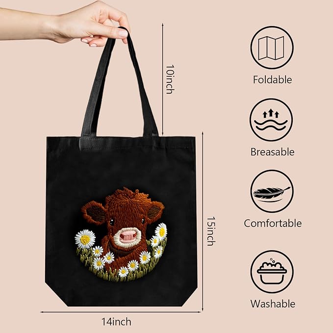 FSSODWT Embroidery Kit Canvas Tote Bag, Canvas Handbag Embroidery Kit for Beginners with Pre - Printed Highland Cow Pattern - DIY Needlepoint Crafts with Hoops Threads Needle for Adults