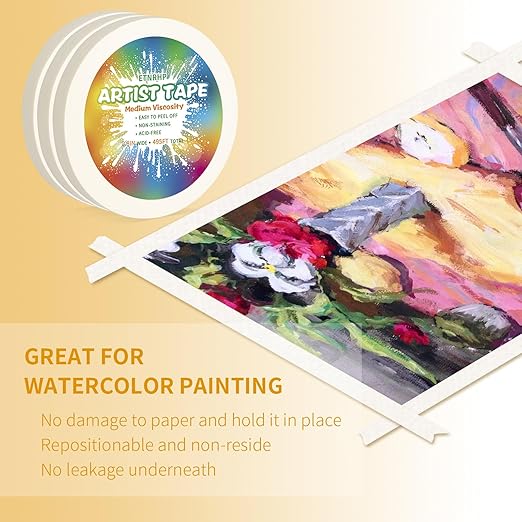 3 Packs White Art Tape Medium Tack Artist Masking Tape Paper Acid Free Tape Watercolor Painters Tape Artists Tape for Drafting Art Watercolor Painting Canvas Framing, 0.8 inch Wide 495FT Long
