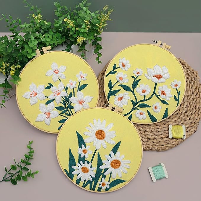 Louise Maelys 3 Sets Flowers Embroidery Kits for Beginners,Cross Stitch Kit for Adults,DIY Needlepoint for Starters Including Florals Pattern, Hoop,Instruction and Threads