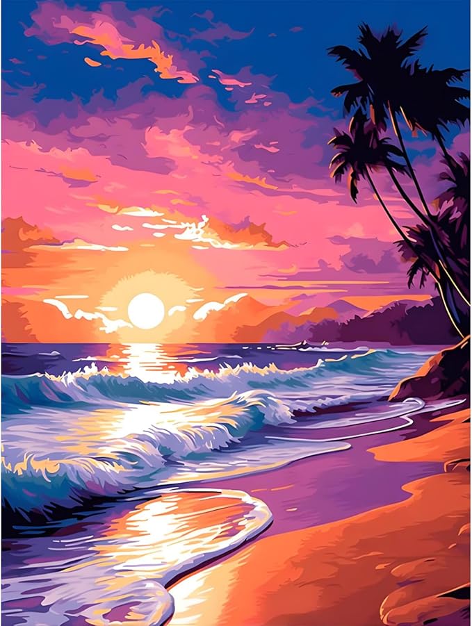 Camocin Diamond Art Kits for Adults Beach, 5D Sunset Landscape Diamond Painting Kits for Adults Beginners, DIY Beach Full Round Dots Drill Gem Art Kit for Gift Home Wall Decor 12 x 16 Inch
