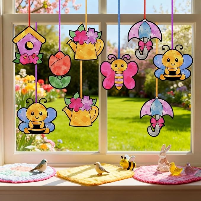 Motipuns 32 Pcs Spring Easter Suncatcher Craft Kit for Adults, Cute Spring Animals Flowers DIY Window Stain Glass Effect Paper Ornaments for VBS Sunday School Art Activities