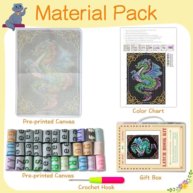 YOOTOM Dragon Latch Hook Rug Kits for Adult, DIY Rug Crochet Making Kits with Pre-Printed Canvas and Latch Hook Tool and Enough Yarn, 20x15in