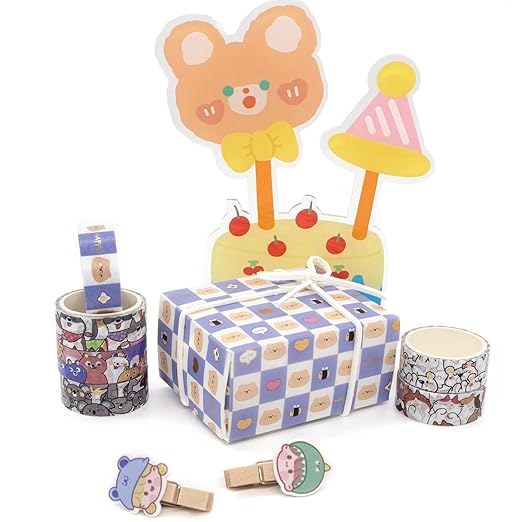 wapetashi cute washi tape set - 24 rolls kawaii animals gold foil decorative masking tape for journaling, scrapbooking, kids diy crafts, aesthetic supplies, planners, bullet journal