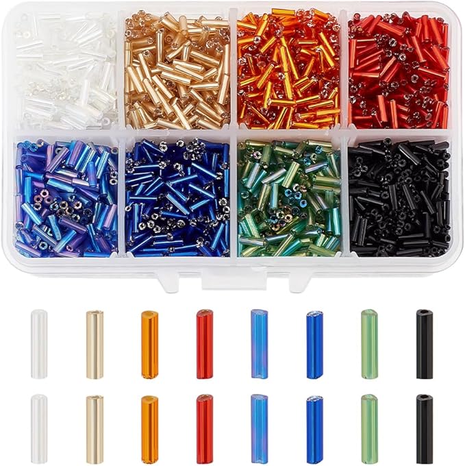 PH PandaHall About 3500 Pcs Transparent Glass Bugle Seed Beads 8 Colors Tube Space Bead Length 6mm for Jewelry Making