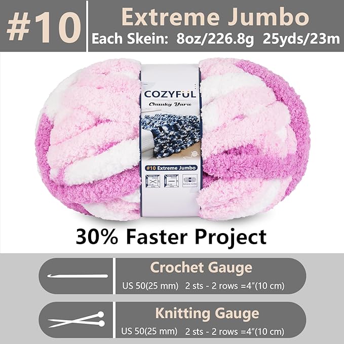 Chunky Yarn for Hand Knitting - #10 Chunky Chenille Blanket Yarn, Jumbo Big Thick Chunky Yarns for Crocheting, Tie Dye Bulky Knit Yarns, 8 Skein (25 yds 8 oz Each Skein), White & Pink & Rose
