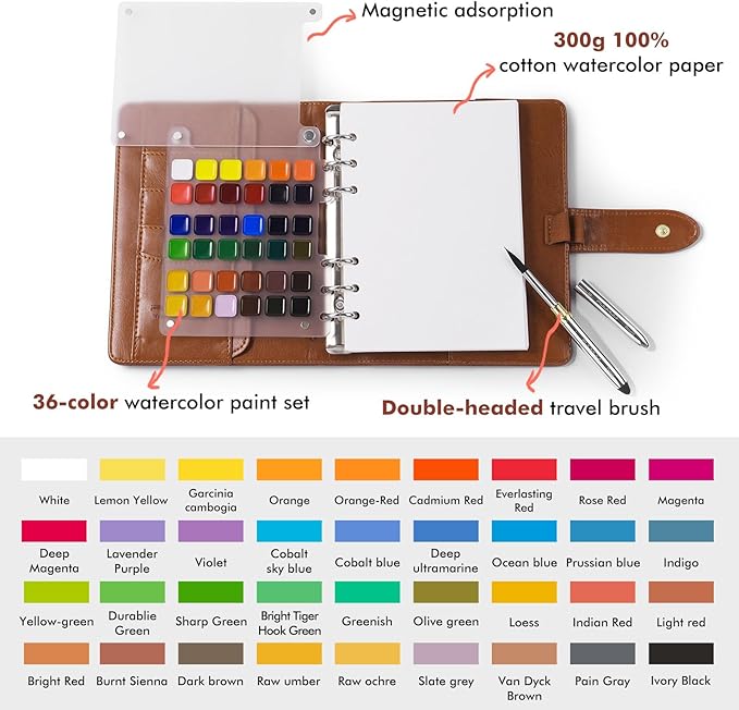 Fuumuui Portable Watercolor Sketchbook Set – Refillable 36-Color Travel Paint Kit & 100% Cotton Cold Press 20 Sheets Art Journal with Dual-Tip Travel Brush for Artists Outdoor Painting - Large