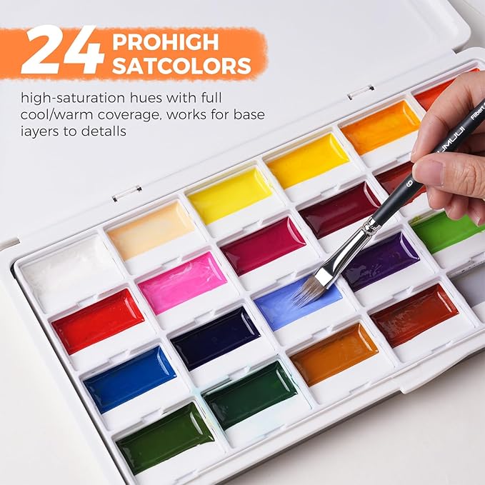 Fuumuui 24-Color Opaque Semi-Moist Watercolor Set – High-Saturation Bright Colors Art Supplies with Strong Coverage and Rich Pigments for Artists Beginner Painters Amateur Hobbyists Painting