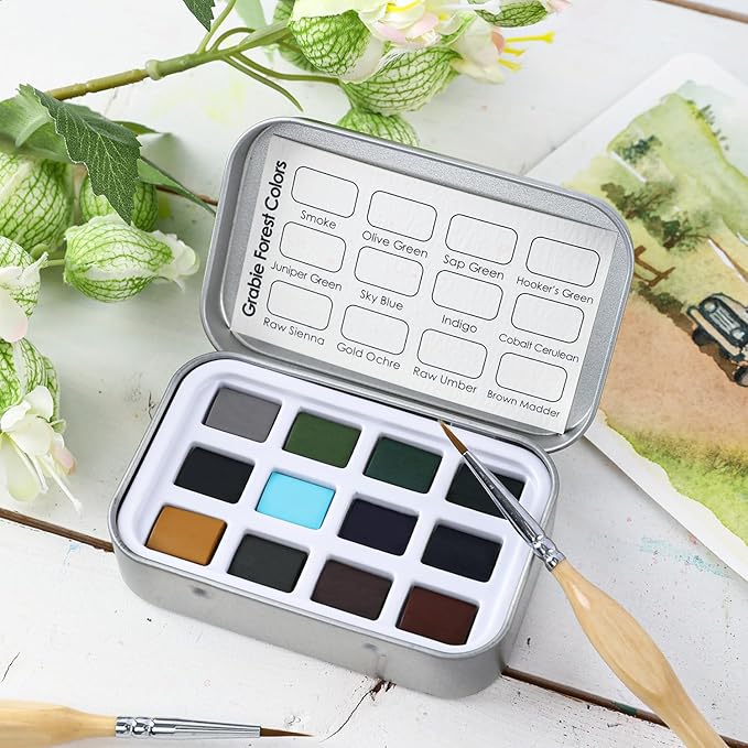 Grabie Pocket Watercolor Set of 12, Travel Watercolor Paint Set, Watercolor Paints, Art Supplies for Painting, Great Watercolor Set for Artists, Amateur Hobbyists and Painting (Forest)