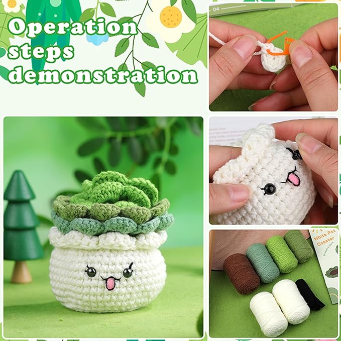 SAMLMAP Crochet Kit for Beginner Learn to Animal Amigurumi Crochet Kit Adult Kit with Step-by-Step Instructions and Video Tutorials Cow Mushroom Potted Plant Coasters