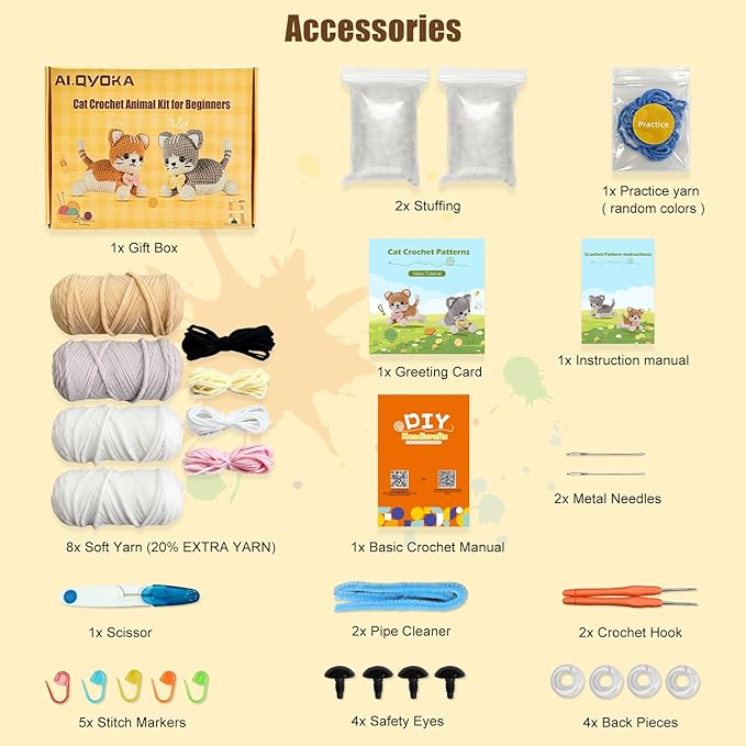 AI.QVOKA Crochet Kit for Beginners Kids Ages 8-12, Learn to Crochet Kit for Adult Beginners | Cat Crochet Animal Kit with Step-by-Step Video Tutorials – Perfect Crochet Gifts for Girls (2 Pack)