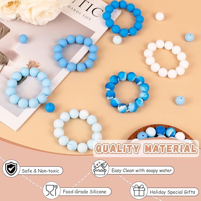 120 Pcs 15mm Silicone Beads for Keychain Making Bracelets Blue White 6 Colors Silicone Round Beads Bulk for Crafts Pens Supplies