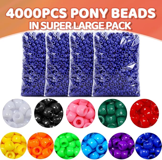 praisebank 4000pcs dark blue pony beads, barrel shaped, plastic, loose beads for jewelry making, crafts, hair braids