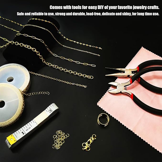 Fesorsi Gold Chain for Jewelry Making, 115ft 15 Style Steel Jewelry Chain, Electroplating Process, for DIY Necklace Chains, Tassel Pendants, with Jump Ring, Lobster Clasp, Pliers