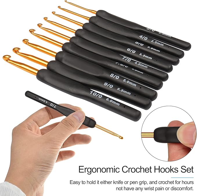 Coopay Black Gold Crochet Hooks Needles for Arthritic Hands, 2.0-6.0mm Crochet Hook Set Ergonomic Soft Grips Knitting Hook for Crochet Yarn Craft, Aluminum Knitting Crocheting Supplies Kit for Knitter