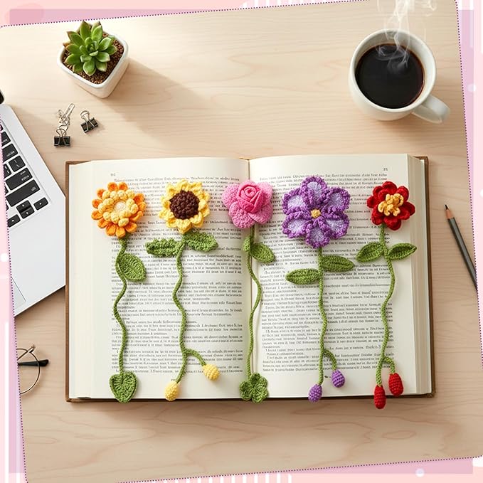 WSICSE 8 Pcs Crochet Flower Bookmarks, Handmade Floral Bookmark Knitting Kit with English Instructions Hook Yarn for Easter Decorations Gifts Book Lovers