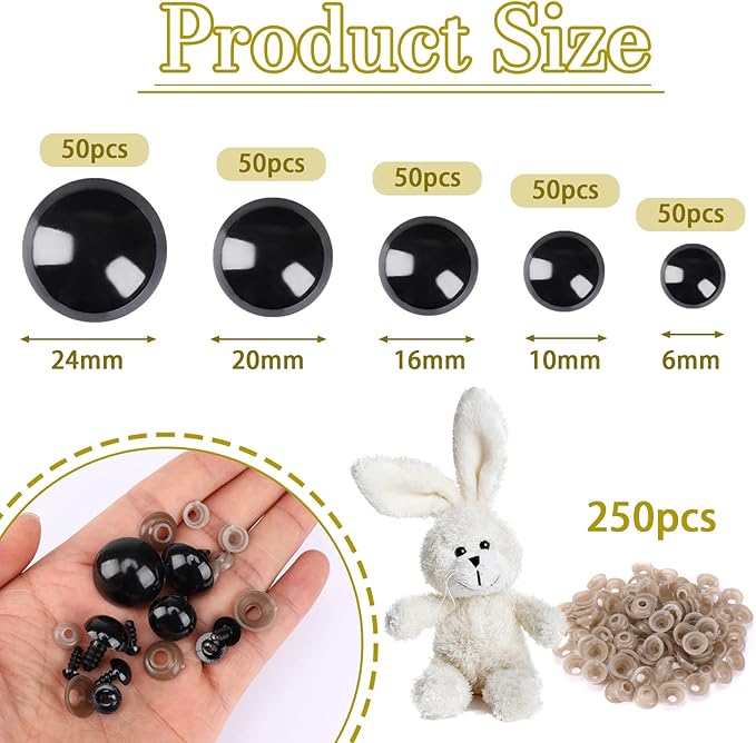 UPINS 500 Pieces 6-24MM Black Plastic Safety Eyes with Washers for Crochet Animal Crafts Doll Making Supplier Bulk (4 Sizes)