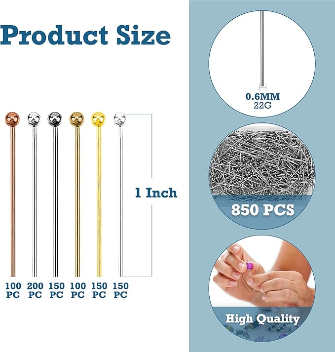 Mandala Crafts Assorted 1 Inch Metal Ball Head Pins for Jewelry Making Earring Making Supplies - 850 Jewelry Findings for Making Earrings DIY Bracelets Rosary Charms