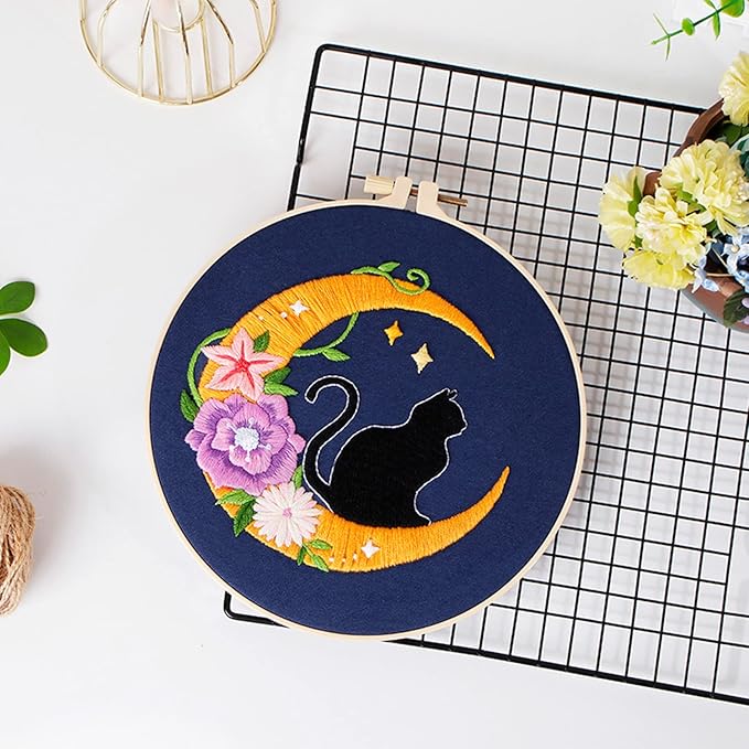 Louise Maelys Cat Moon Embroidery Kits for Beginners with Floral Pattern,Adults Starter Cross Stitch Kit DIY Needlepoint